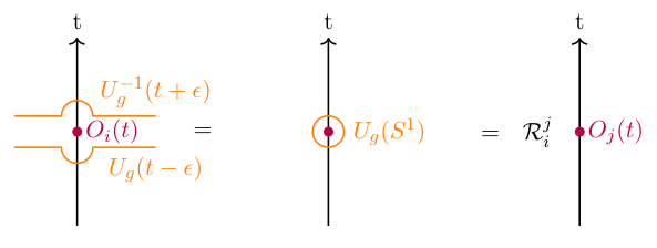 Figure 1: Figure showing how to interpret a zero-form symmetry as a homological pairing and a charged operator O_i as a point-like singularity.